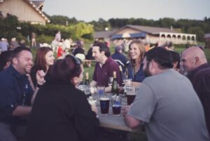 Friends at a picnic table